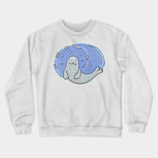 Cute happy seal and fish blue cartoon illustration Crewneck Sweatshirt